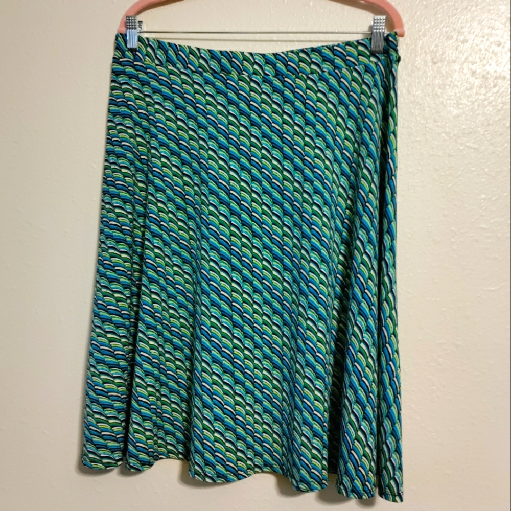 George Stretch Flowy Midi Skirt with Blue, Green, Yellow, Black and White Large